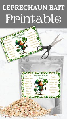 a bag of leprechaun bath printables next to a pair of scissors