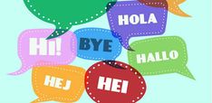 colorful speech bubbles with the words salut, hola, bye, hello and hej