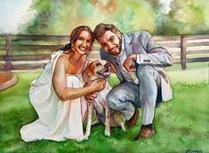 a watercolor painting of a bride and groom with their dog in front of a fence