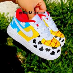 Custom-Made To Order Air Force Ones Toy Story Shoes, Lego Shoes, Painted Nikes, Jessie Toy Story, Custom Painted Shoes, Custom Nike Shoes, Custom Nike, Leather Paint, Custom Nikes