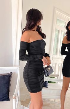 Evie Black Long Sleeve Off Shoulder Mini Dress – Beginning Boutique US Knee High Black Boots, High Black Boots, Black Long Sleeve Mini Dress, Off Shoulder Mini Dress, Prom Midi Dress, Black High Boots, 60's Dress, Summer Playsuit, Semi Formal Dresses