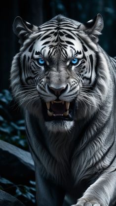 a white tiger with blue eyes is walking in the dark forest, looking at the camera