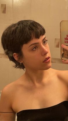 Pixy Mullet, Short Hairstyle Women Micro Bangs, Brown Out Buzzcut, Pixie Shag Straight Hair, Short Bob Mullet, Super Short Brown Hair, Womens Mullet Short, Women’s Short Mullet, Mixie Pixie Mullet Straight Hair