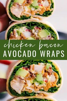 chicken bacon avocado wraps with lettuce and cheese on top are stacked high in the air