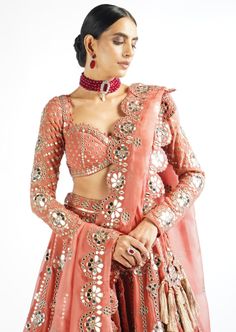 Fully embellished with real hand cut mirror and zari lehenga and dupatta with scallop border clubbed with a fully embellished mirror work blouse. Zari Lehenga, Peach Lehenga, Blouse Yoke, Lehenga Dupatta, Mirror Work Blouse, Scallop Border, Organza Blouse, Zari Work, Rose Embroidery