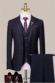 Men Formal Suit Set Navy Blue Plaid Peaked Lapel Men Slim Fit Suits – 27dress Work Suits Men, Men Business Attire, Burgundy Prom Dress Lace, Blue Plaid Suit, Wedding Blazer, Suits Online Shopping, Dusty Blue Bridesmaid Dresses