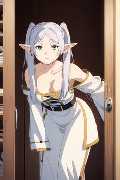 an anime character with white hair and blue eyes standing in front of a book shelf