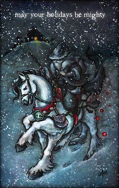 a painting of a man riding on the back of a white horse in the snow