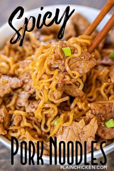 pork noodles with chopsticks in a bowl