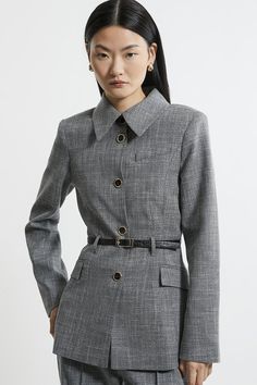 Mono Texture Belted Collared Button Front Tailored Jacket Petite Work Outfits, Bride Jumpsuit, Petite Wedding Guest Dresses, Wedding Pants, Transitional Fashion, Winter Wedding Guest Dress, Summer Bridesmaid Dresses, Spring Wedding Guest Dress, Miami Outfits