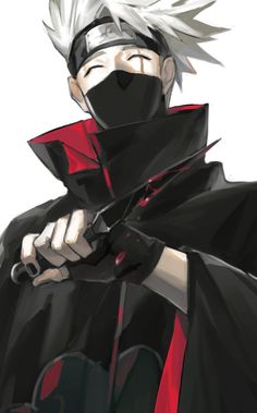 an anime character with white hair wearing a black and red outfit