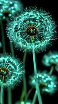 three dandelions are glowing in the dark