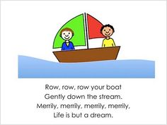 two children in a boat with the caption row, row your boat gently down the stream