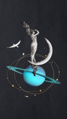 a woman standing on top of the moon next to a bird flying above her head