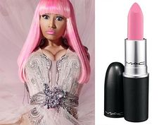 a barbie doll with pink hair and lipstick in front of a white background, next to a photo of a woman's face