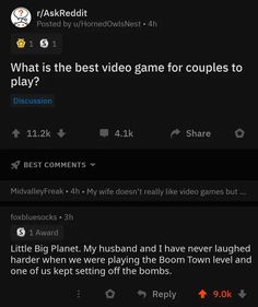 two tweets on the same page, one is saying what is the best video game for couples to play?