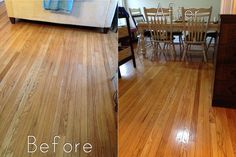 before and after pictures of a hardwood floor refinishing project in the kitchen, dining room and living room