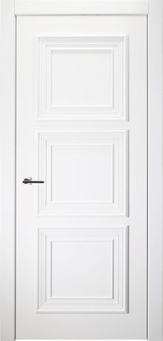 an open white door with black handle on the front and side panels, against a white background