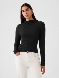 Modern Rib Funnel-Neck T-Shirt Trendy Stretch Tops By Gap, Trendy Stretch Tops From Gap, Gap Tops For Everyday Fall Wear, Everyday Gap Tops For Fall, Gap Everyday Tops For Fall, Gap Everyday Fall Tops, Gap Tops For Spring Layering, Versatile Ribbed Turtleneck Tops, Gap Cotton Tops For Layering