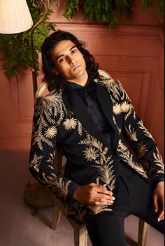 Men's Custom Black Suit with Gold Botanical Embroidery – Luxury Formal Wear, Evening Blazer for Special Occasions, Handcrafted Elegance by TheMagnusAtelier on Etsy Gold Tuxedo, Mens Wedding Suits, Black Slim Pants, Quilted Shirt, Botanical Embroidery, Black Tux, Tailored Design, Modern Gentleman, Black Suit