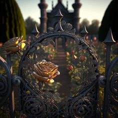 an iron gate with a rose in the center surrounded by flowers and bushes, at dusk