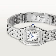 Panthère de Cartier watch, small model, quartz movement. Case in steel, bezel set with brilliant-cut diamonds, dimensions: 23 mm x 30 mm, thickness: 6 mm, crown set with a synthetic blue spinel, silvered dial, blued-steel sword-shaped hands, steel bracelet, water-resistant to 3 bar (approx. 30 metres). Cartier Panthere, Blue Spinel, Cartier Watch, Blue Steel, Steel Bracelet, Brilliant Cut Diamond, Bezel Setting, Quartz Movement, Cartier