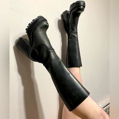 The Most Perfect Black Leather Knee-High Platform Boots By Steve Madden. Chunky Platform Heel Knee High Black Leather Y2k Dream Boots. Circa Early 2000s. Finding These Beautiful Platforms In Flawless Condition Is Rare. Can’t Even Find A Matching Pair On Google Images! Made In Brazil. Combat Boot. Moto Boot. Knee High Platform Boot. Side Zipper. Rubber Sole. These Are The Ultimate Babe Boots. Plenty Of Tread On The Soles. Very Little Wear And Immaculate Condition. 100% Leather. Extremely Durable Leather Platform Boots, Knee High Platform Boots, Shoes Vintage, Combat Boot, Chunky Platform, Platform Heel, Early 2000s, Moto Boots, Platform Boots