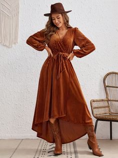 Brown Casual Collar Long Sleeve Knitted Fabric Plain A Line Embellished Slight Stretch  Women Clothing Western Outfits Women For Photoshoot, Plus Size Stylish Outfits, Western Casual Dresses, Western Dress Outfits, Romantic Fall Outfits, Cowgirl Dresses With Boots, Vestidos Country, Boho Wedding Guest Outfit, Country Western Dresses