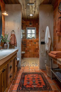 a bathroom with an orange tile floor and red tiles on the walls, along with wooden cabinets