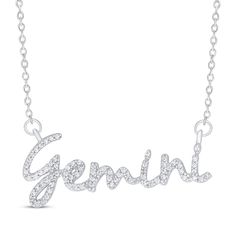 This shimmering zodiac necklace makes a perfect gift for this charming and spontaneous star sign. Created in sterling silver, "Gemini" is styled in a whimsical script font and adorned in sparkling round-cut diamonds. The necklace has a total diamond weight of 1/5 carat. The word art pendant is centered on an adjustable 18-inch cable chain that secures with a spring ring clasp. Zodiac Necklace, Art Pendant, Gemini Zodiac, Zodiac Necklaces, Star Sign, Accessories Jewelry Necklace, Script Font, Star Signs, Round Cut Diamond