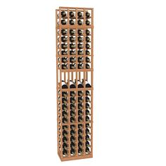 a wooden wine rack filled with lots of bottles