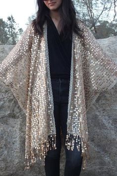 Light Gold Round Sequin Caftan Kimono Party Top Duster One size – Moddy Vintage Sequin Caftan, Gold Shawl, Oversized Kimono, Sequin Kimono, Kimono Sleeves, Party Tops, Kimono Sleeve, Gold Sequin, Kimono Fashion