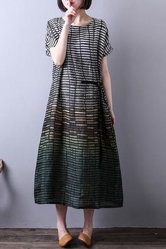 Linen Stripe Loose Casual Summer Women Green Maxi Dress Soft Ideas, Linen Shirts Women, Maxi Outfits, Linen Dress Women, Spring Clothing, Fabric Inspiration, Green Maxi