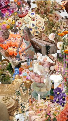 a collage of many different types of flowers and vases with one woman in the center