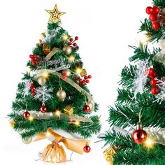 two christmas trees decorated with bows and ornaments, one is gold and the other is red