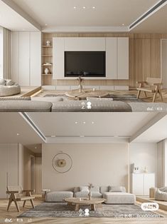 two pictures of a living room with white furniture and wood paneling on the walls