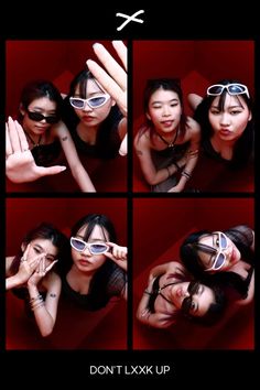 four pictures of two women with sunglasses on their faces and one has her hand up to her face