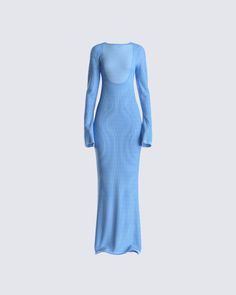 Move with a type of confidence they will all be envious of in this blue sweater knit maxi dress 💙 Crafted with crochet knit - this piece features a high front neckline, low scoop back, and flared long sleeves. Show them what you got in the most comfortable, yet elegant way 😇 Long Blue Dress Outfit, Blue Pregnancy Dress, Long Sleeve Blue Maxi Dress, Long Sleeve Blue Dress, Blue Crochet Dress, White Corset Dress, Blue Knit Dress, Basic Jeans, Knitwear Inspiration