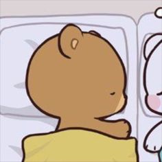 a cartoon bear is looking at another bear in the mirror while it's sleeping