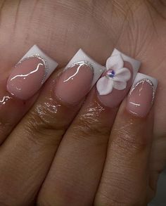 Acrylic Nails 3d Flowers Simple, 3d Flower Nails, White Acrylic Nails, Her Nails, French Acrylic Nails