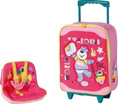 two children's suitcases, one pink and the other blue with cartoon characters on them