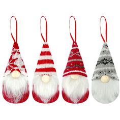 three christmas gnome ornaments in red, white and grey