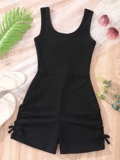 Teen Girls Ribbed Knit Knot Side Romper Black Casual  Sleeveless Fabric Plain Tank Medium Stretch  Teen Girls Clothing, size features are:Bust: ,Length: ,Sleeve Length: Casual Rompers Outfit, Super Crop Top, Fashion Top Outfits, Cute Dress Outfits, Casual Rompers, Fashionista Clothes, Big Clothes