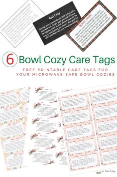 the 6 bowl cozy care tags are shown with instructions for how to put them in