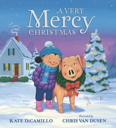 a very merry christmas book with two pigs in the snow and a house behind it