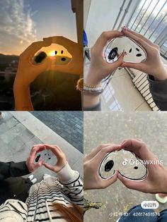 four different pictures of someone holding up their cell phone in front of the sun and building