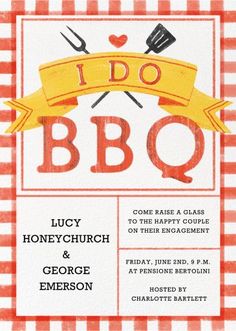 the bbq party is going on in this red and white checkered pattern with an orange ribbon