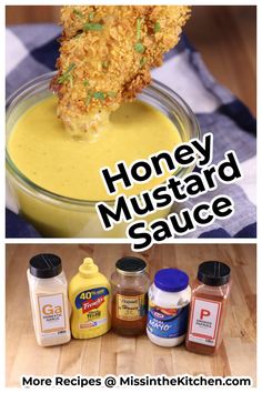 honey mustard sauce recipe in a glass bowl with the words honey mustard sauce above it