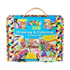 an activity kit for kids to draw and color with colorful patterns on the outside, including pictures