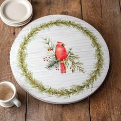 Wooden Lazy Susan with Cardinal Print-Kitchenware-Vintage Shopper Diy Lazy Susan, Wooden Lazy Susan, Cardinal Print, Copper Fixture, Lazy Susans, Bathroom Baskets, Countertop Decor, Christmas Cardinals, Charcuterie And Cheese Board